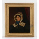 19th Century primitive school, lady in her bonnet and black dress, unsigned oil on board, 27cm x