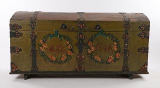 Large 19th Century Northern Europe Marriage chest, the arched top with iron strap work enclosing