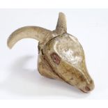 Folk art carved rams head, with the rams horns above the carved and painted head, 21cm long