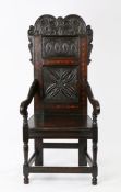 Charles II oak and inlaid panel-back open armchair, circa 1670, the high two-panel back having a