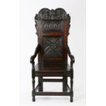 Charles II oak and inlaid panel-back open armchair, circa 1670, the high two-panel back having a