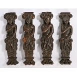 Set of four oak terms, carved as three females and one moustached male above scrolls and paw