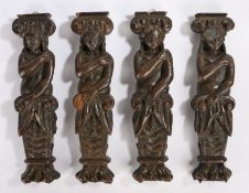 Set of four oak terms, carved as three females and one moustached male above scrolls and paw