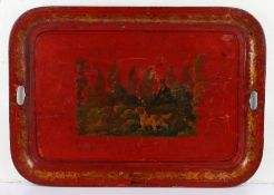 Large 19th Century Toleware tray, with a spaniel hunting while his owner stands behind in foliage on