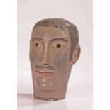 Unusual French Folk Art Naïve mannequin head, the painted plaster head in shades of grey with