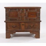 17th Century and later oak and elm box top chest, the hinged rectangular top opening to reveal three