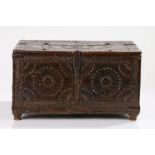 17th Century Spanish chip carved casket, the hinged lid decorated with a circular motif and