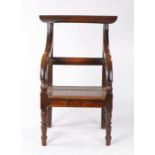 19th Century oak and elm armchair, the arched top rail above a splat and solid seat flanked by