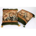 A near pair of cushions of Aubusson tapestry, of floral design set within green cotton velvet,