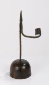 English rush light and candle holder, circa 1800, the wrought iron arm with candlestick socket above