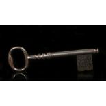 George III steel vault or safe key, of very large proportions, the end with a sprung dust