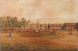 19th Century British school, Country house scene with two ladies walking and a man pushing a