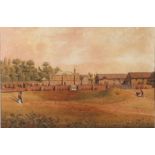 19th Century British school, Country house scene with two ladies walking and a man pushing a