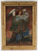 Spanish Colonial school, Cuzco, of the The Archangel Michael, housed within the gilt frame, 38cm x