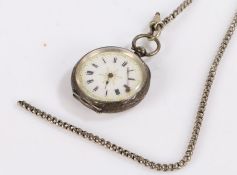 Ladies continental silver open face pocket watch, the white dial with Roman numerals and gilt