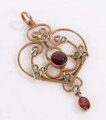 Yellow metal art nouveau garnet and pearl pendant