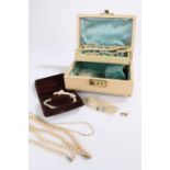 Collection of simulated pearls housed in a jewellery box to include a pair of 9ct gold and Pearl