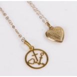 18 carat gold faith hope and charity pendant, 0.8g, 9 carat gold heart form pendant, 0.5g, on a 9