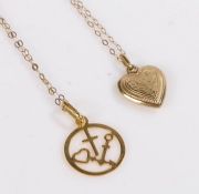 18 carat gold faith hope and charity pendant, 0.8g, 9 carat gold heart form pendant, 0.5g, on a 9