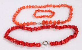Two red coral necklaces together with a coral bracelet, gross weight 190 grams