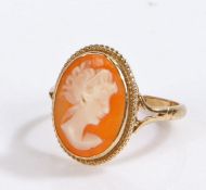 9 carat gold cameo ring, cameo depicts a neoclassical bust of a lady, ring size K and a half gross
