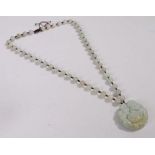 Jade bead necklace with carved pendant depicting buddha, 66cm long