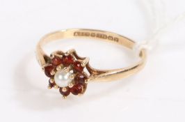 9 carat gold garnet and pearl ring, ring size N gross weight 1.3 grams
