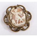 Cameo brooch depicting a neoclassical scene of a lady and a bird, with a brass inter woven border