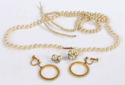 Pair of pearl hoop earrings together with two pearl necklaces