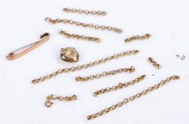 9 carat gold chain link bracelet , 3.7 grams, AF together with 9 carat gild stick pin and a heart