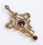 9 carat gold Art nouveau pendant with amethyst and pearls, gross weight 2.4 grams