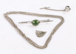 Collection of silver items to include a silver chain, stick pin set with a green stone (3)