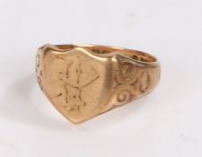 9 carat gold signet ring in the form of a shield, ring size P and a half gross weight 3.8 grams
