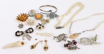 Collection of costume jewellery to include brooches simulated pearl necklace and other necklaces (