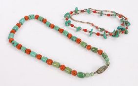 Two turquoise and coral necklaces, one with cylindrical pieces of turquoise and balls of coral (2)
