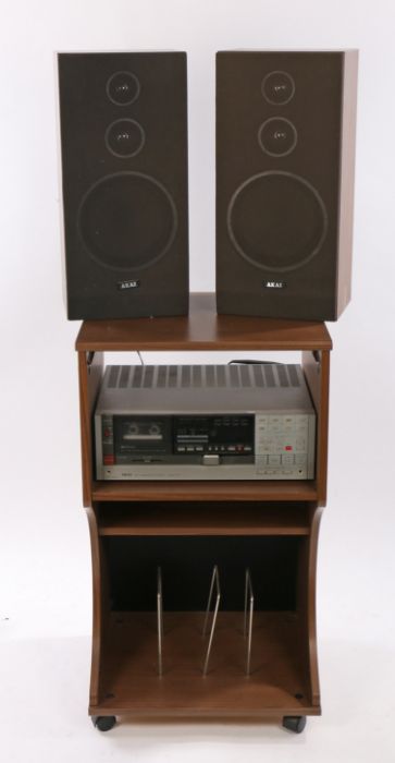 AKAI FD-1/L tape deck, housed in a veneered cabinet with record racks to the lower section, together