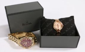 Bulova ladies wristwatch, the signed rose gold effect dial with clear paste set markers and paste