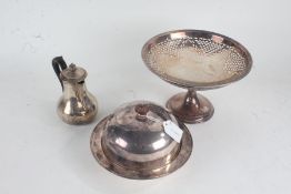 Plated ware to include tazza, muffin dish, chocolate pot with ebonised handle pair of sugar tongs (