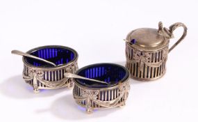 Edward VII silver condiment set, Birmingham 1907, maker Horton & Allday, consisting of mustard pot