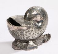 Silver plated spoon warmer, modelled as a nautilus shell with seaweed decoration, raised on a