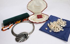 Four costume jewellery necklaces to include a simulated pearl example and three others (4)