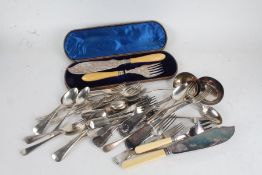Silver plated flatware, to include cased set of fish servers, ladles, knife rests, set of six