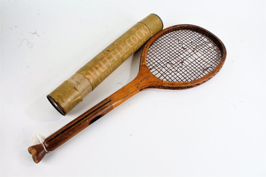 Early 20th century wooden tennis racket, by J.H. Prosser & Sons, together with Edwardian