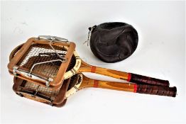 Two Dunlop Maxply wooden tennis rackets, together with an old leather football (3)