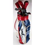 Ben Hogan golf bag and clubs, housing clubs by the same maker, including wooden headed driving