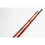 Allcocks two piece split cane fishing rod, with cork handle and carrying bag