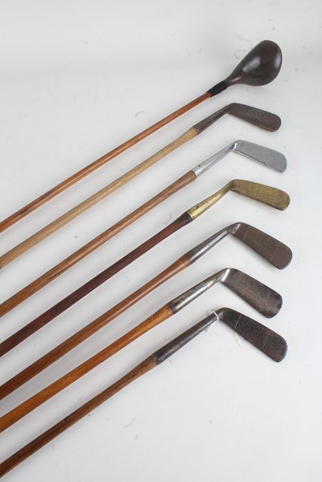 Six hickory shafted putters, to include Pyramid 44, Wryneck x 2 etc., and a hickory shafted