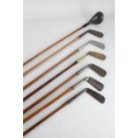 Six hickory shafted putters, to include Pyramid 44, Wryneck x 2 etc., and a hickory shafted