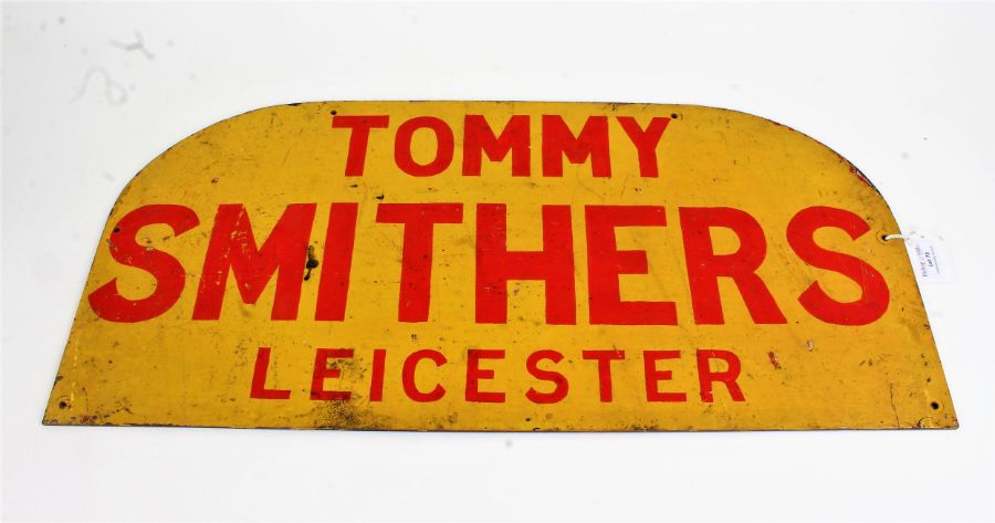 Painted tote sign, the yellow sign with arched top and red lettering "TOMMY SMITHERS LEICESTER",