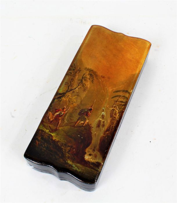 19th Century lacquer box, the lid with depiction of two gentlemen hunting game, 9.5cm wide, 23.5cm